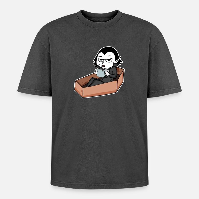 Vampire drinks coffee - Oversized Unisex Premium Acid-Washed T-Shirt - acid washed black