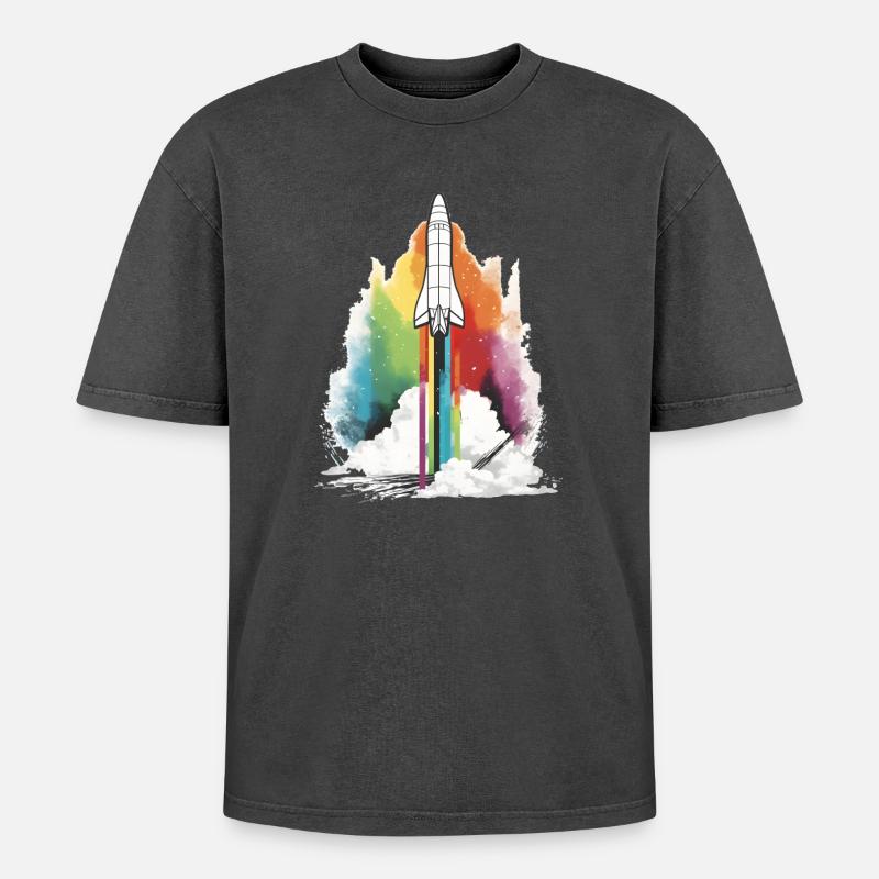 Rainbow Rocket - Oversized Unisex Premium Acid-Washed T-Shirt - acid washed black
