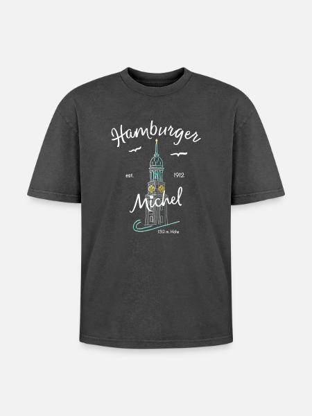 Hamburger Michel, Kirchturm, Germany - Oversized Unisex Premium Acid-Washed T-Shirt - acid washed black