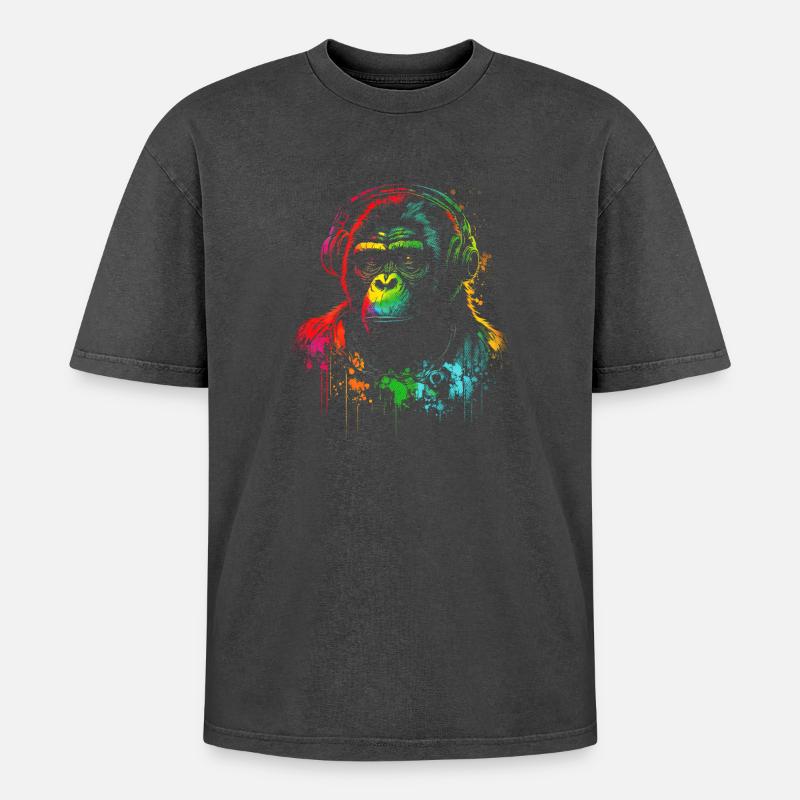 Regenbogen Gorilla Kopfhörer - Oversized Unisex Premium Acid-Washed T-Shirt - Schwarz Acid Wash