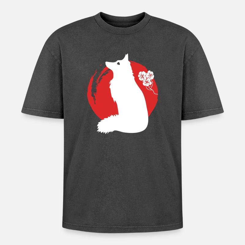 Fuchs Silhouette Japanisch - Oversized Unisex Premium Acid-Washed T-Shirt - Schwarz Acid Wash