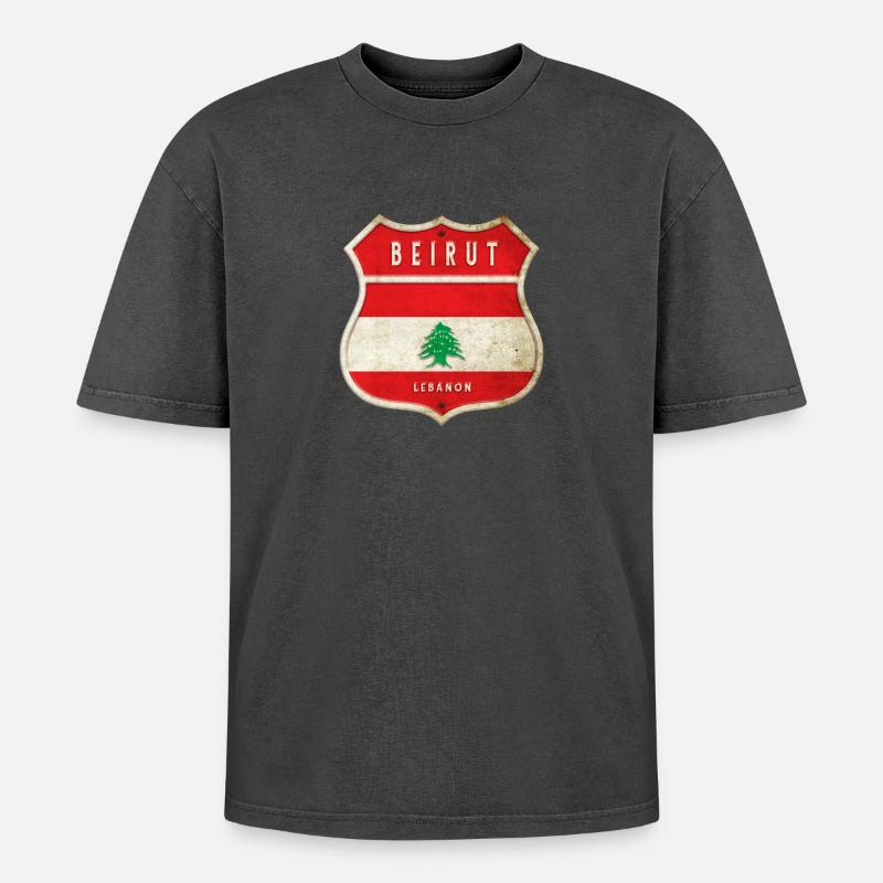 Beirut Libanon Wappen Flaggen Design - Oversized Unisex Premium Acid-Washed T-Shirt - Schwarz Acid Wash