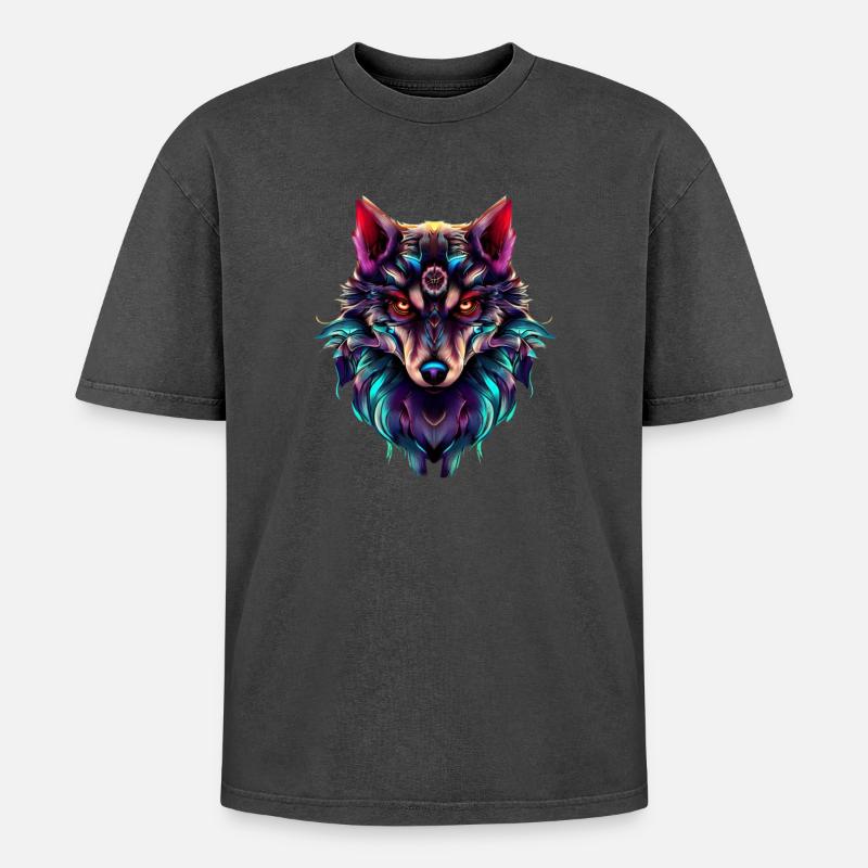 Wolfskopf Synthwave Wolf - Oversized Unisex Premium Acid-Washed T-Shirt - Schwarz Acid Wash