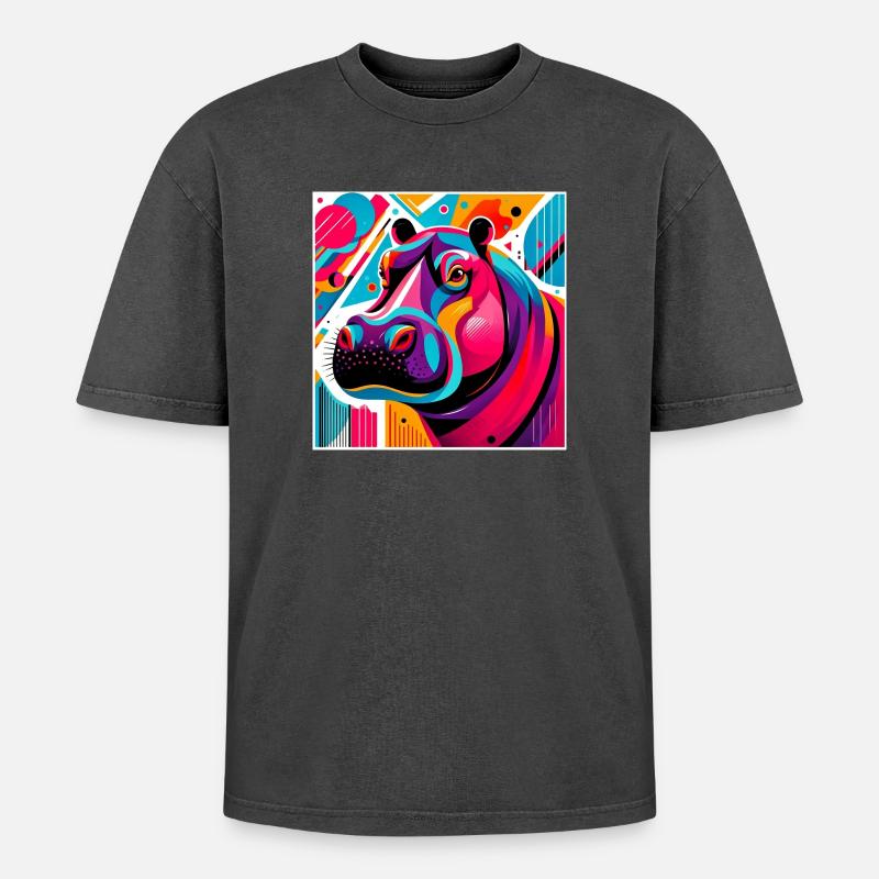 Nilpferd - Oversized Unisex Premium Acid-Washed T-Shirt - Schwarz Acid Wash