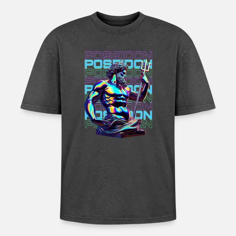 Neon Poseidon Trident - Oversized Unisex Premium Acid-Washed T-Shirt - acid washed black