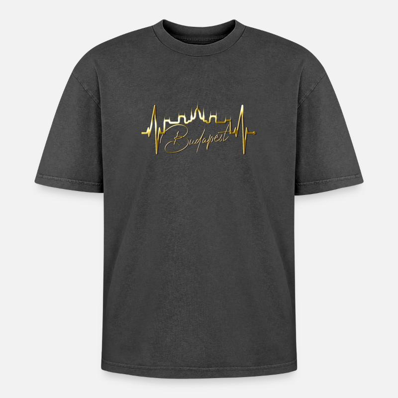 Budapest Skyline Herzschlag Ungarn Herz Budapester - Oversized Unisex Premium Acid-Washed T-Shirt - Schwarz Acid Wash