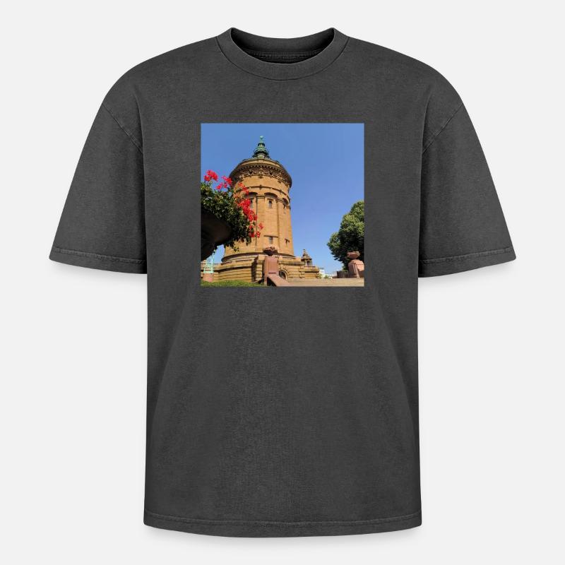 WASSERTURM MANNHEIM - Oversized Unisex Premium Acid-Washed T-Shirt - Schwarz Acid Wash