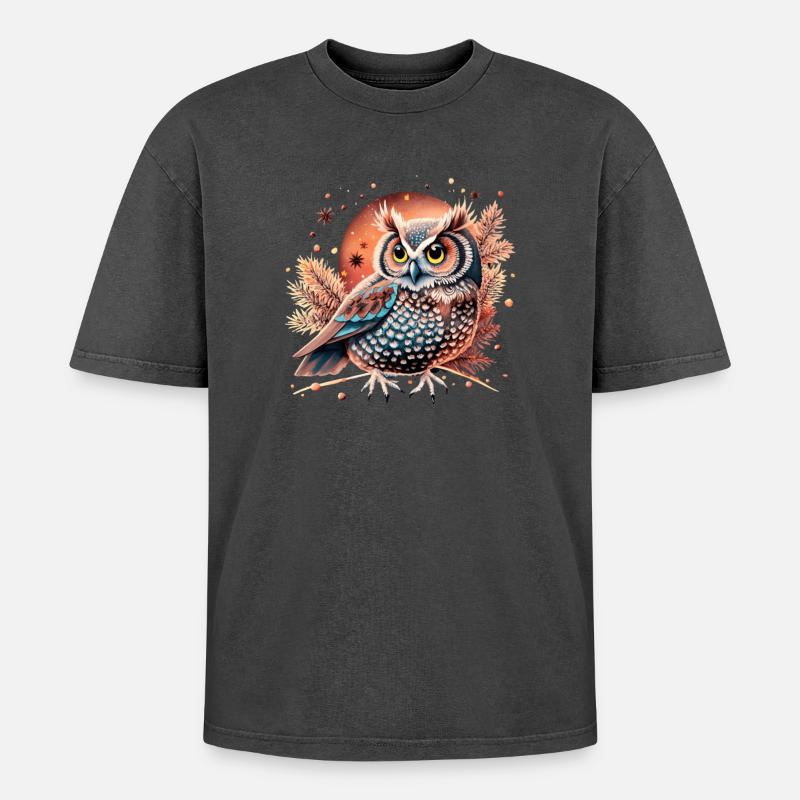 hibou_ niedliche Eule - Oversized Unisex Premium Acid-Washed T-Shirt - Schwarz Acid Wash