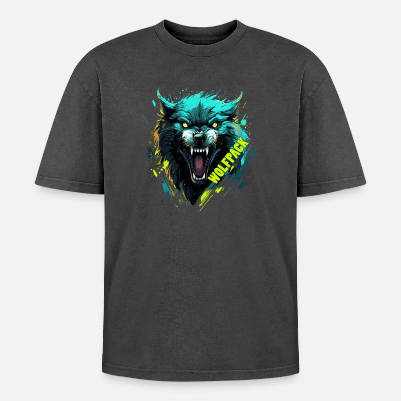 Neon Wolf Mask - Oversized Unisex Premium Acid-Washed T-Shirt - acid washed black