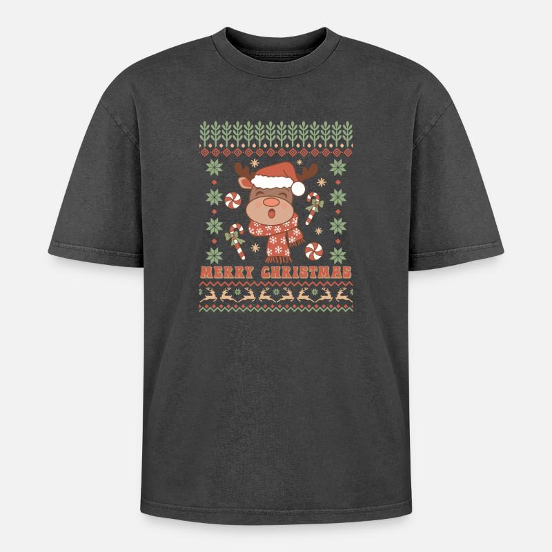 Hässlicher Weihnachtspullover - Oversized Unisex Premium Acid-Washed T-Shirt - Schwarz Acid Wash