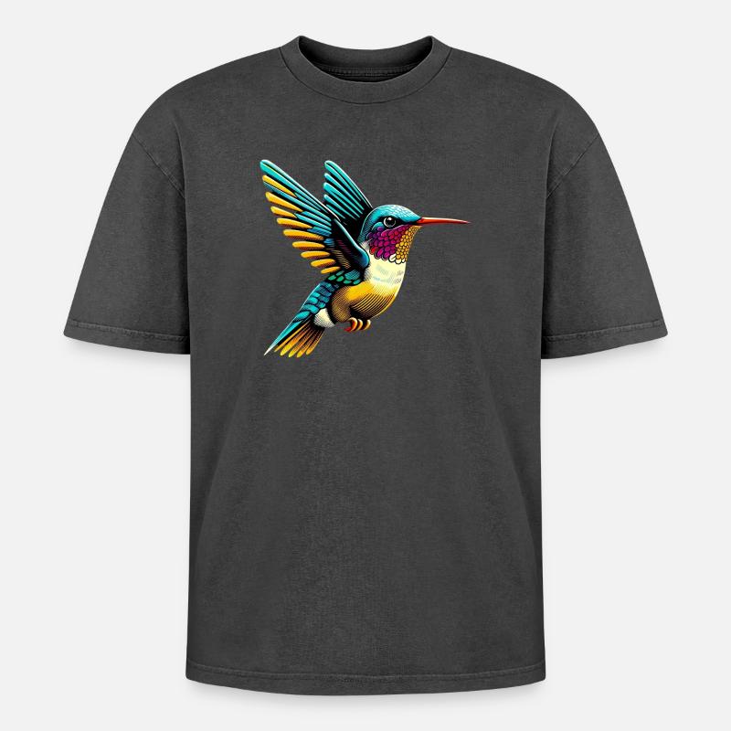 Kolibri - Oversized Unisex Premium Acid-Washed T-Shirt - Schwarz Acid Wash
