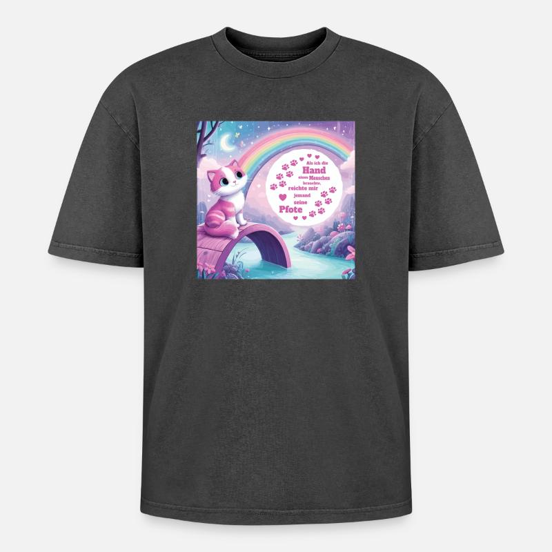 Katze mit Regenbogen - Oversized Unisex Premium Acid-Washed T-Shirt - Schwarz Acid Wash