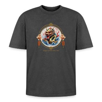 Dragon rouge doré chinois. Bonne Année - T-shirt Premium unisexe oversize acid-washed - noir délavé acide - Devant - AI Model Female 172 light (172cm) & AI Model Male 185 light (185cm)