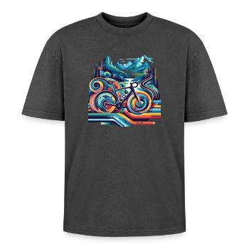 Vélo aux lignes ondulées - T-shirt Premium unisexe oversize acid-washed - noir délavé acide - Devant - AI Model Female 172 light (172cm) & AI Model Male 185 light (185cm)