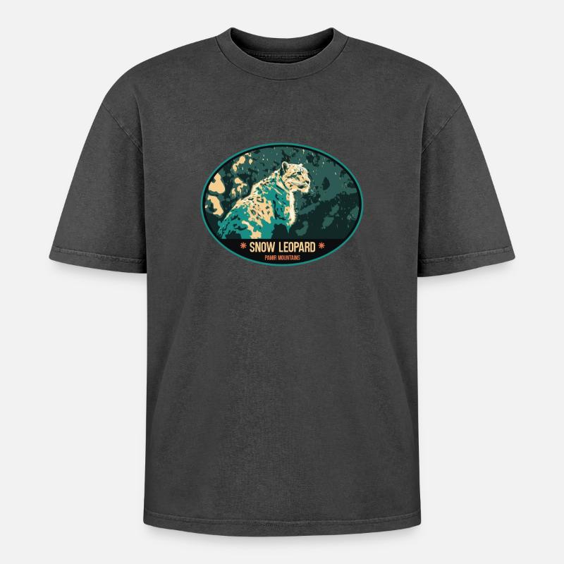 Snow Leopard illustration patch - Oversized Unisex Premium Acid-Washed T-Shirt - acid washed black