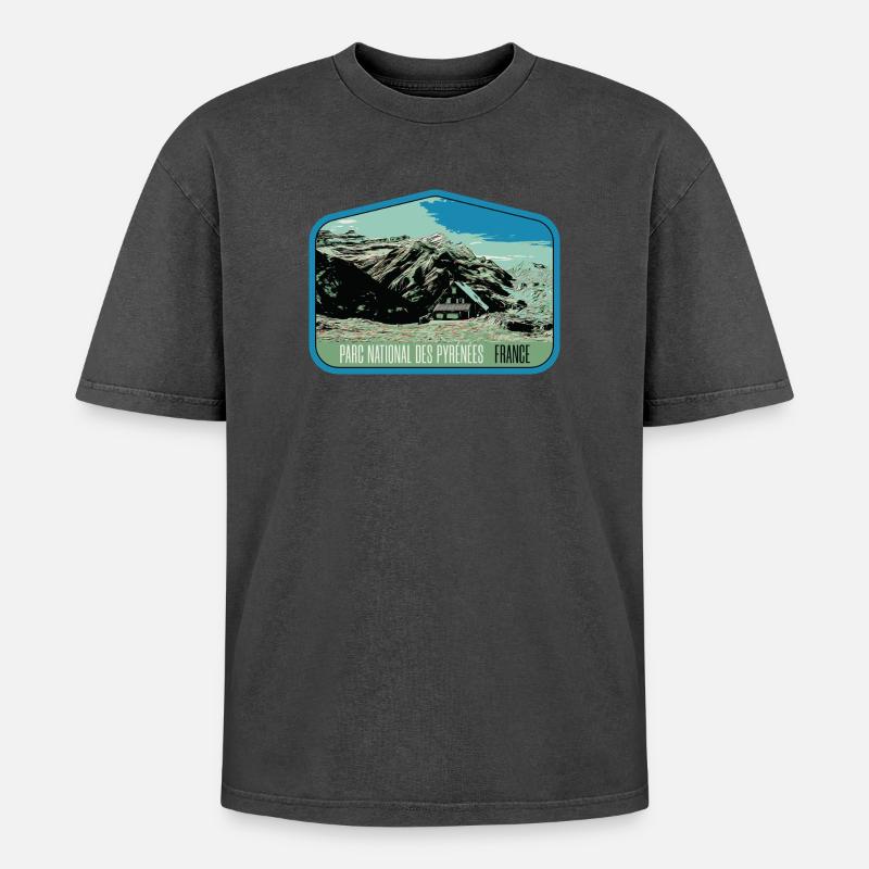 Pyrenäen-Landschafts-Wappenschild: Authentische Natur - Oversized Unisex Premium Acid-Washed T-Shirt - Schwarz Acid Wash