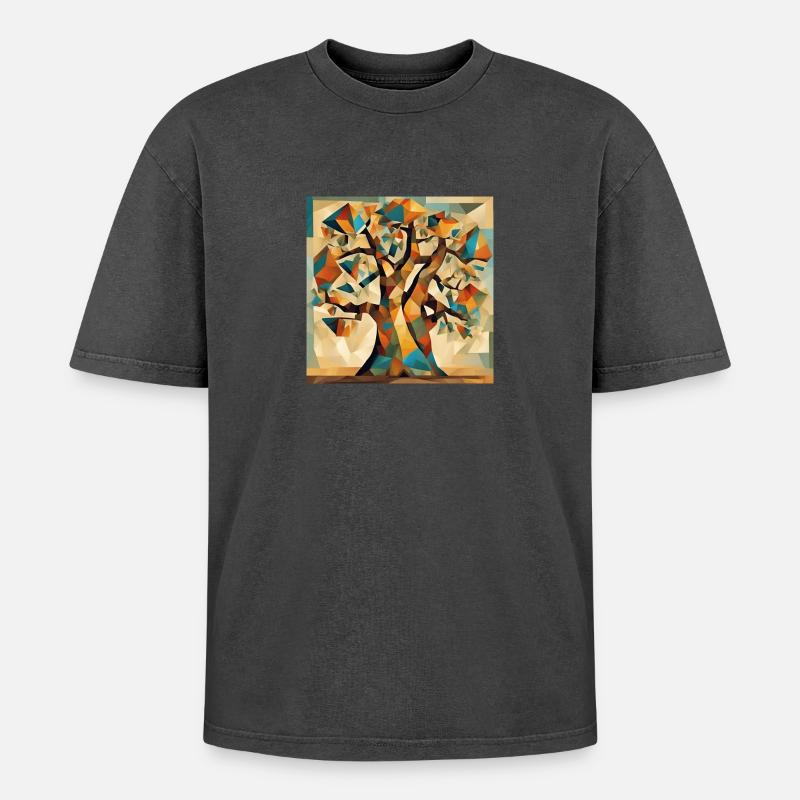 Herbstbaum in Geometrie - Oversized Unisex Premium Acid-Washed T-Shirt - Schwarz Acid Wash
