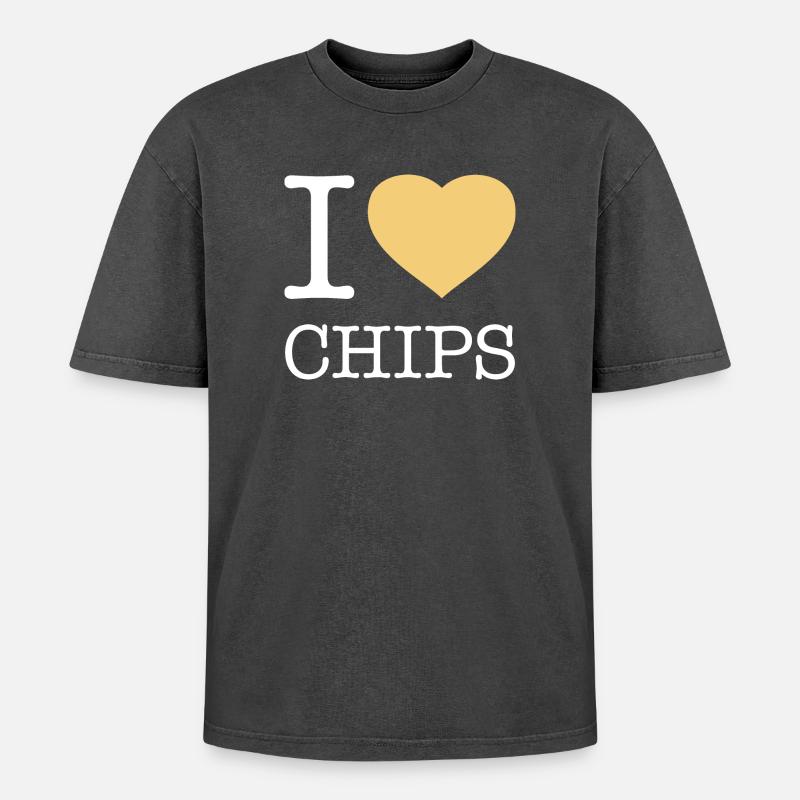 I LOVE CHIPS - Oversized Unisex Premium Acid-Washed T-Shirt - acid washed black