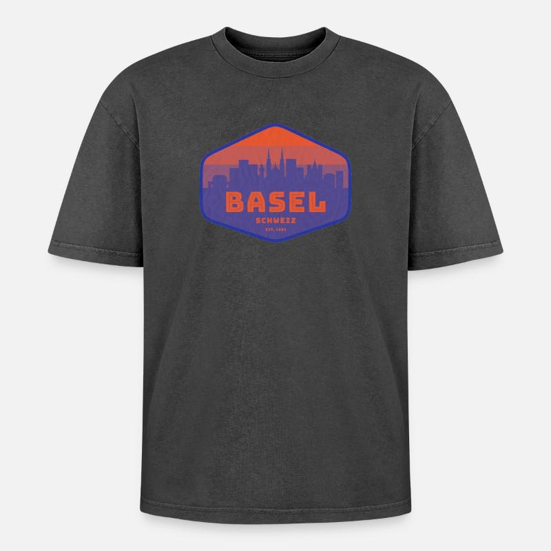 Basel Skyline Retro Abzeichen - Oversized Unisex Premium Acid-Washed T-Shirt - Schwarz Acid Wash