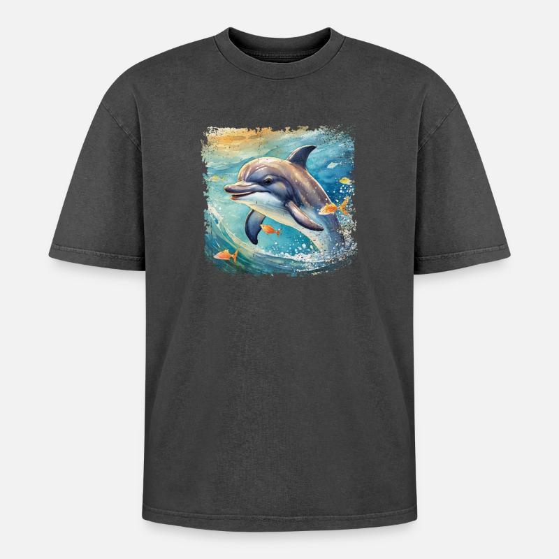 Niedlicher junger Delfin im Kinderbuchstil - Oversized Unisex Premium Acid-Washed T-Shirt - Schwarz Acid Wash