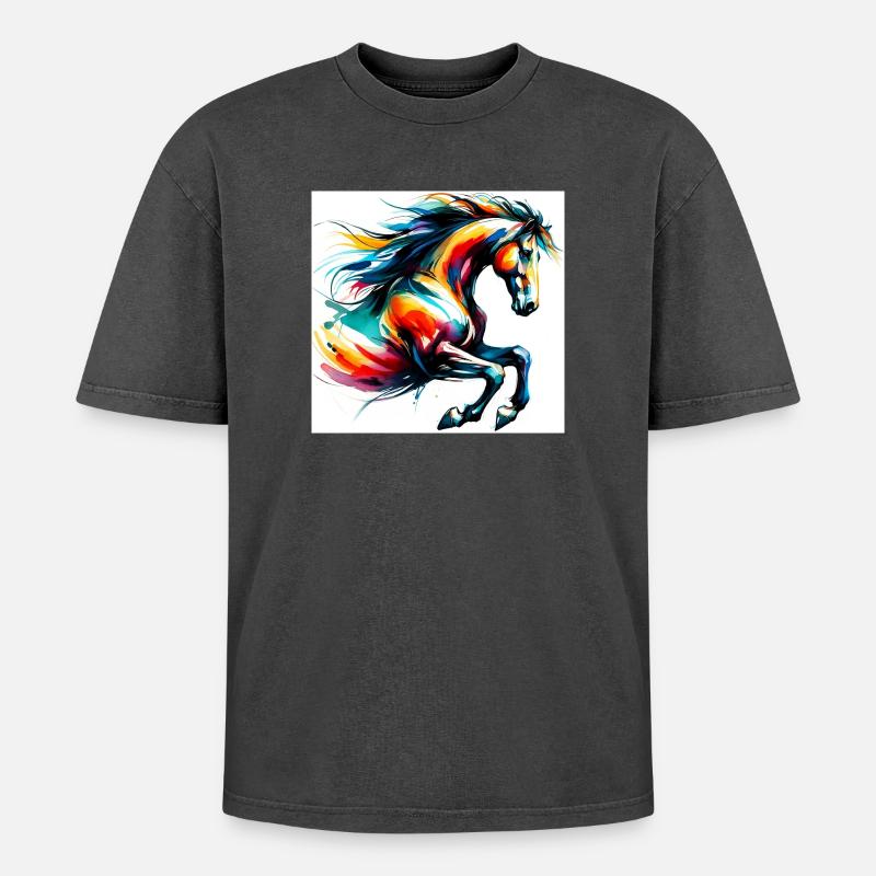 Pferd - Oversized Unisex Premium Acid-Washed T-Shirt - Schwarz Acid Wash