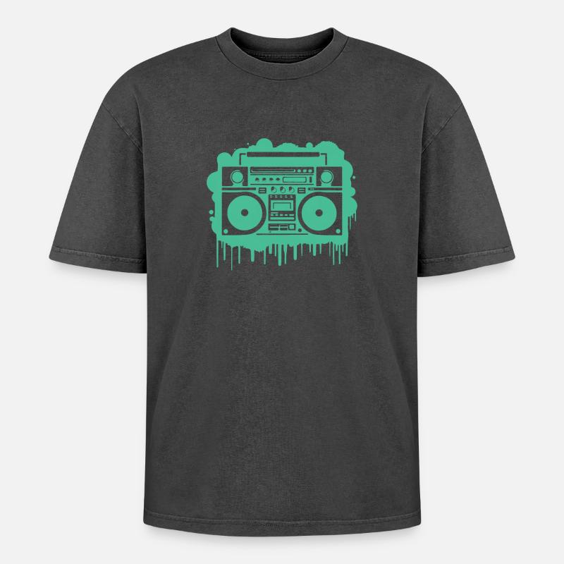 Cyan Ghettoblaster (durchsichtig) - Oversized Unisex Premium Acid-Washed T-Shirt - Schwarz Acid Wash
