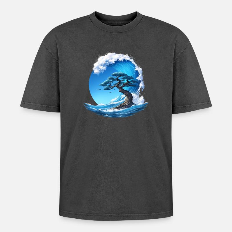 A tree under a wave - Oversized Unisex Premium Acid-Washed T-Shirt - acid washed black