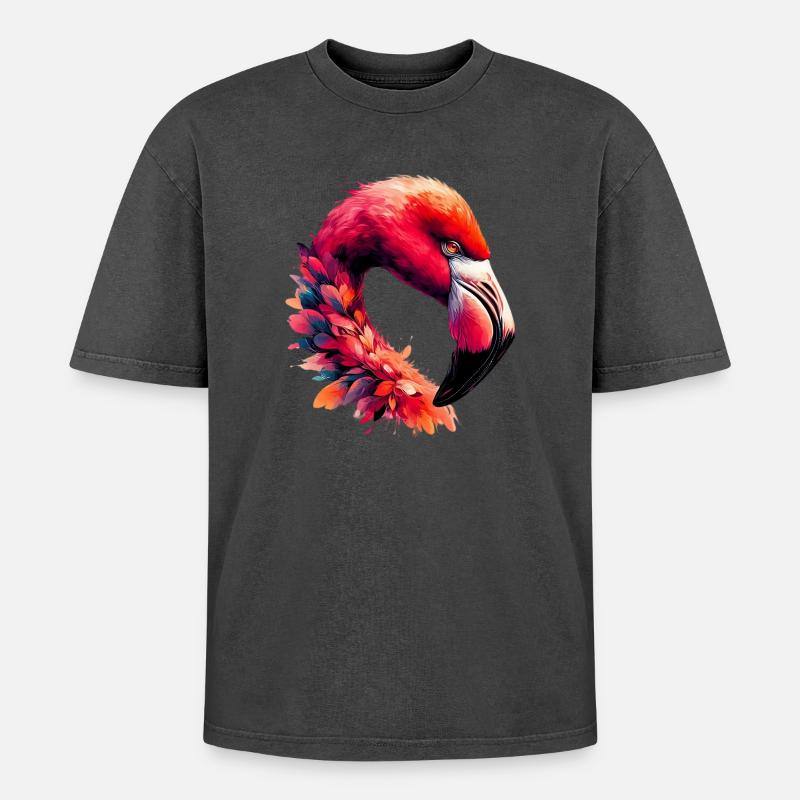 Flamingo - Oversized Unisex Premium Acid-Washed T-Shirt - Schwarz Acid Wash