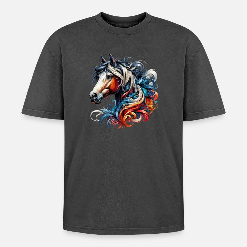 Pferd - Oversized Unisex Premium Acid-Washed T-Shirt - Schwarz Acid Wash