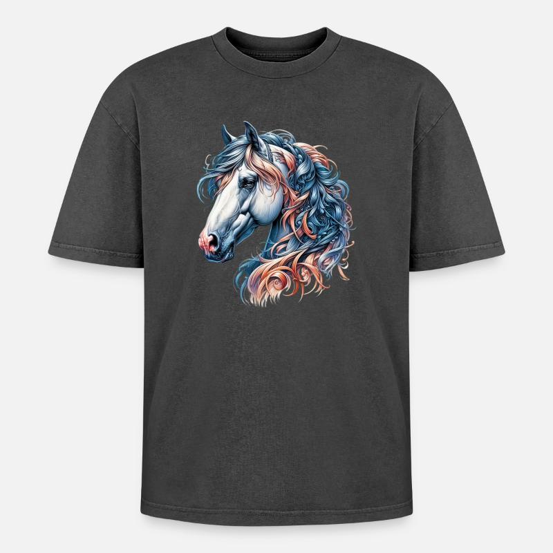 Pferd - Oversized Unisex Premium Acid-Washed T-Shirt - Schwarz Acid Wash