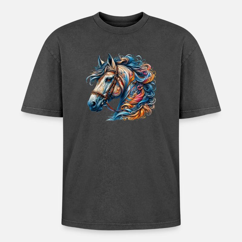 Pferd - Oversized Unisex Premium Acid-Washed T-Shirt - Schwarz Acid Wash