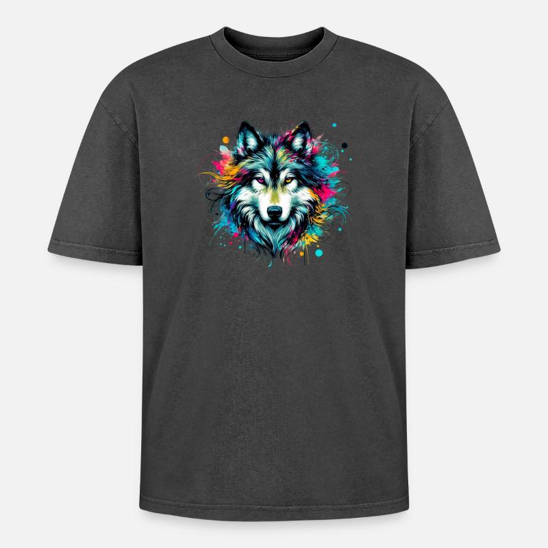 Wolf - Oversized Unisex Premium Acid-Washed T-Shirt - Schwarz Acid Wash