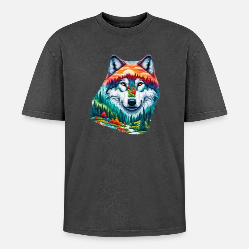 Wolf - Oversized Unisex Premium Acid-Washed T-Shirt - Schwarz Acid Wash