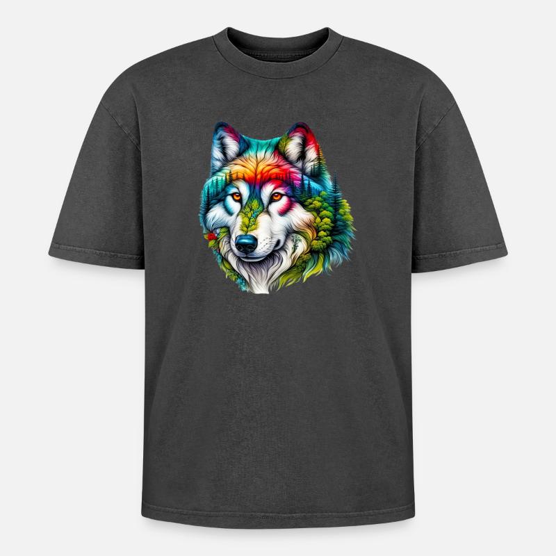 Wolf - Oversized Unisex Premium Acid-Washed T-Shirt - Schwarz Acid Wash