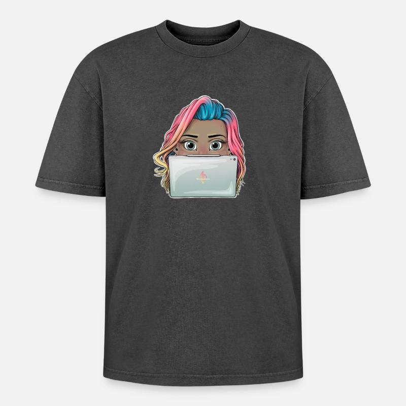 Lebendiges Reva Prisma arbeitendes Mädchen Design - Oversized Unisex Premium Acid-Washed T-Shirt - Schwarz Acid Wash