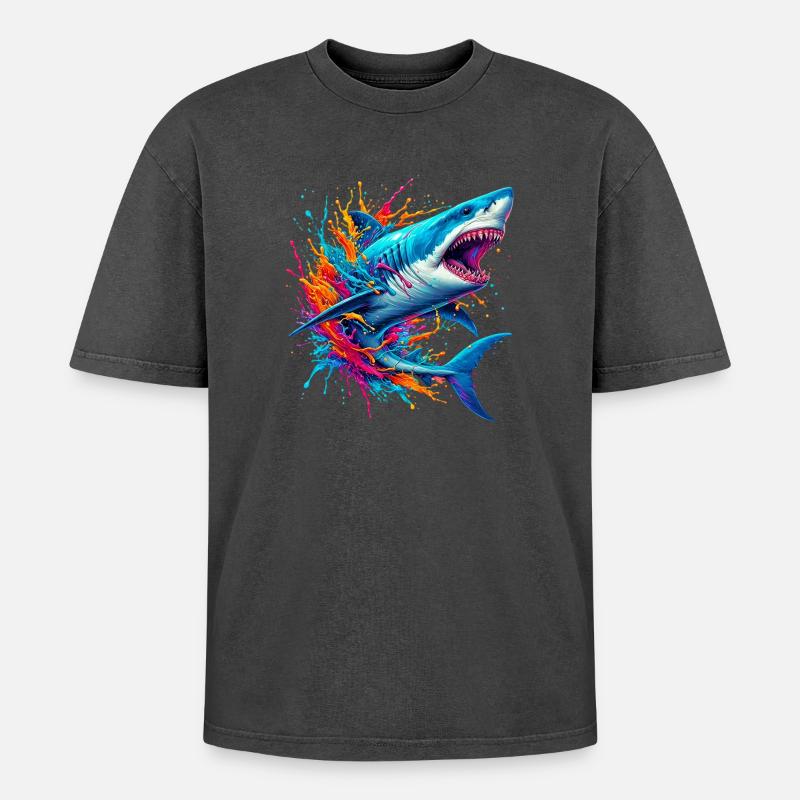Shark - Oversized Unisex Premium Acid-Washed T-Shirt - acid washed black