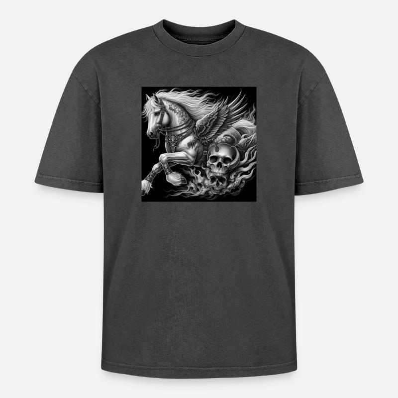 Schwerer Pegasus - Oversized Unisex Premium Acid-Washed T-Shirt - Schwarz Acid Wash