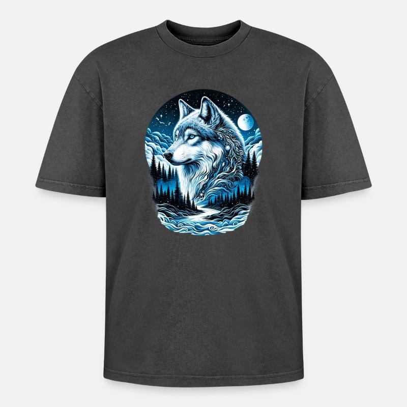 Wolf - Oversized Unisex Premium Acid-Washed T-Shirt - Schwarz Acid Wash