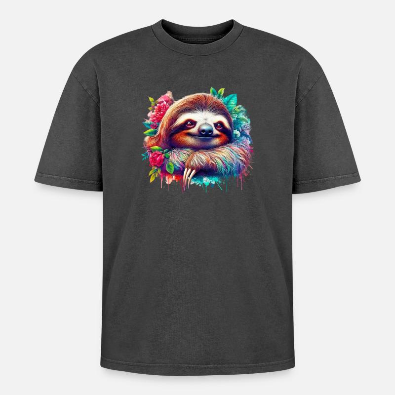 Sloth - Oversized Unisex Premium Acid-Washed T-Shirt - acid washed black
