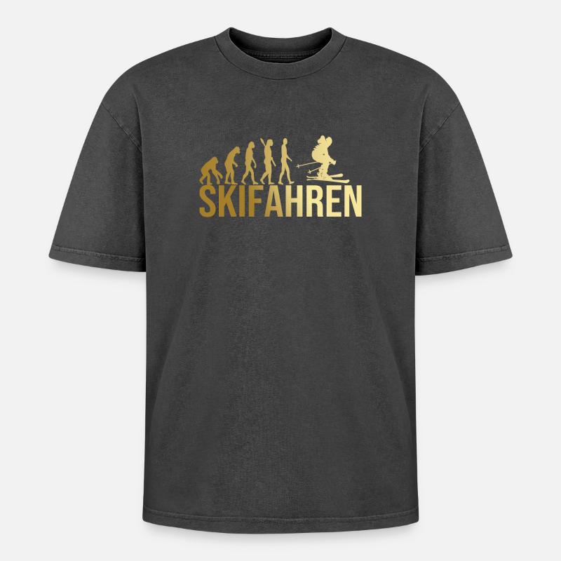 Evolution Skifahren - Oversized Unisex Premium Acid-Washed T-Shirt - Schwarz Acid Wash