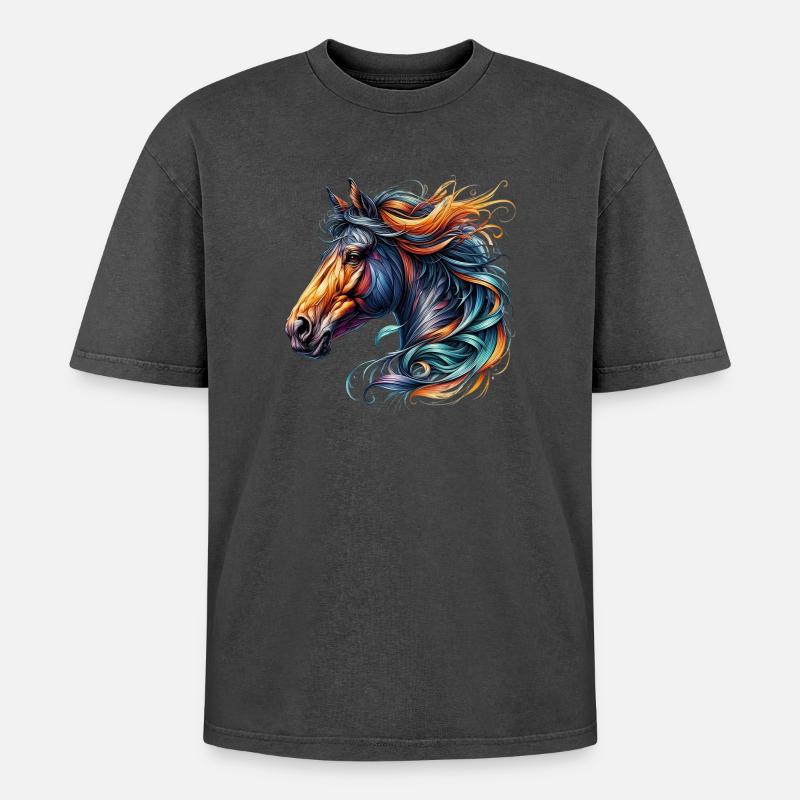 Pferd - Oversized Unisex Premium Acid-Washed T-Shirt - Schwarz Acid Wash