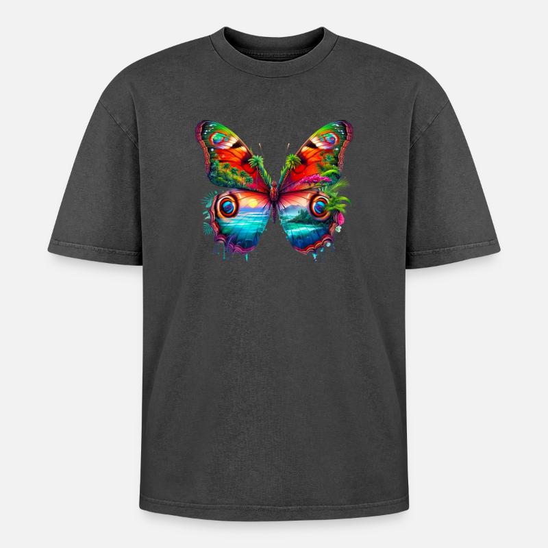 Papillon - T-shirt Premium unisexe oversize acid-washed - noir délavé acide
