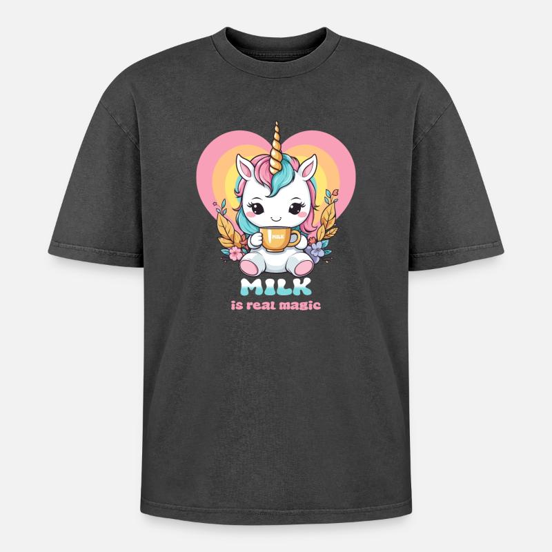 Süßes Milch Einhorn - Oversized Unisex Premium Acid-Washed T-Shirt - Schwarz Acid Wash