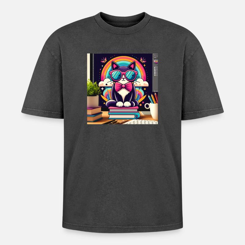 Chat studieux à lunettes - T-shirt Premium unisexe oversize acid-washed - noir délavé acide