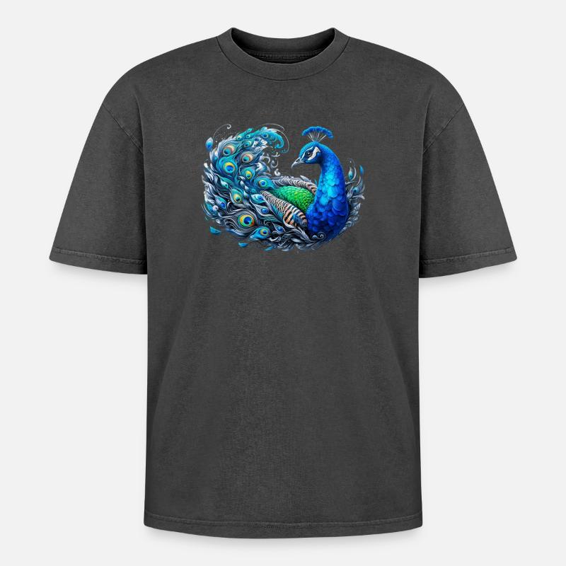 Pfau - Oversized Unisex Premium Acid-Washed T-Shirt - Schwarz Acid Wash