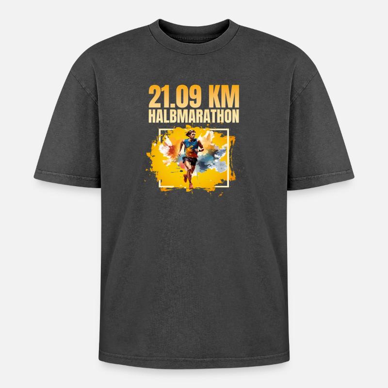 21 09 KM - Halbmarathon - Oversized Unisex Premium Acid-Washed T-Shirt - Schwarz Acid Wash