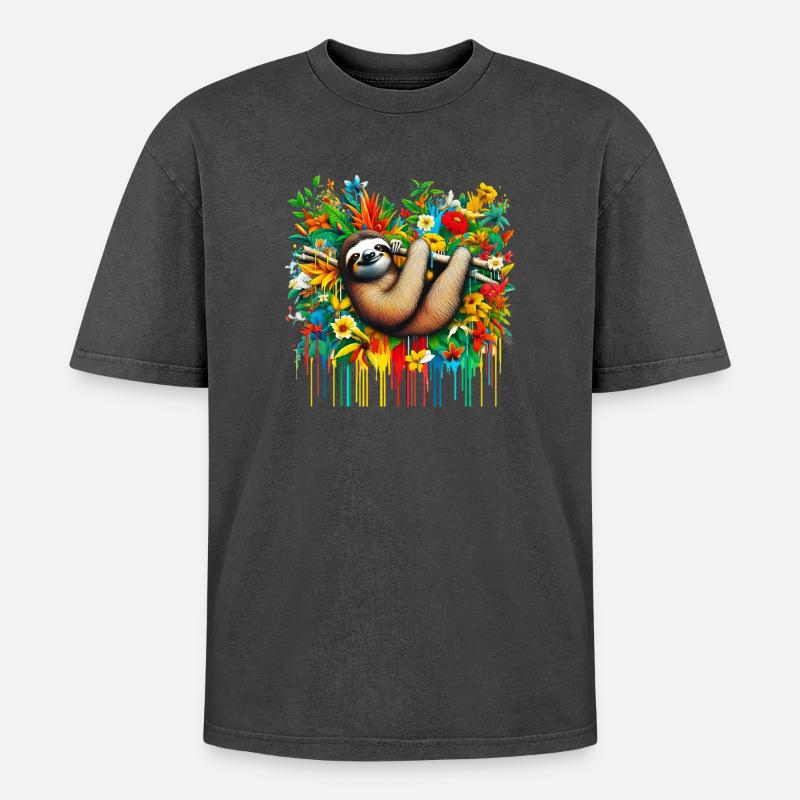 Sloth - Oversized Unisex Premium Acid-Washed T-Shirt - acid washed black