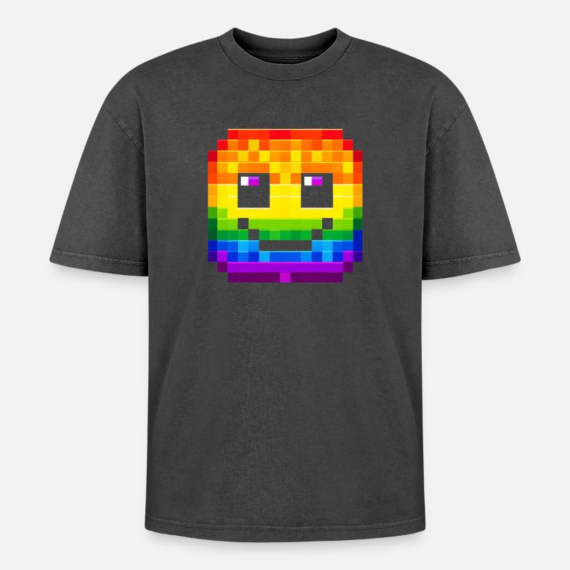 Pixelated Rainbow Smile Face - Oversized Unisex Premium Acid-Washed T-Shirt - acid washed black