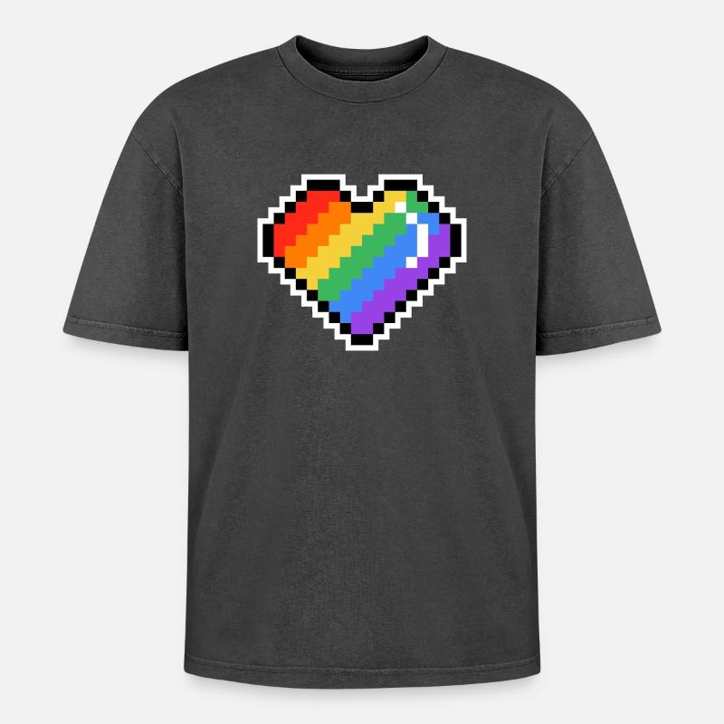 Pixel Regenbogenherz - Oversized Unisex Premium Acid-Washed T-Shirt - Schwarz Acid Wash