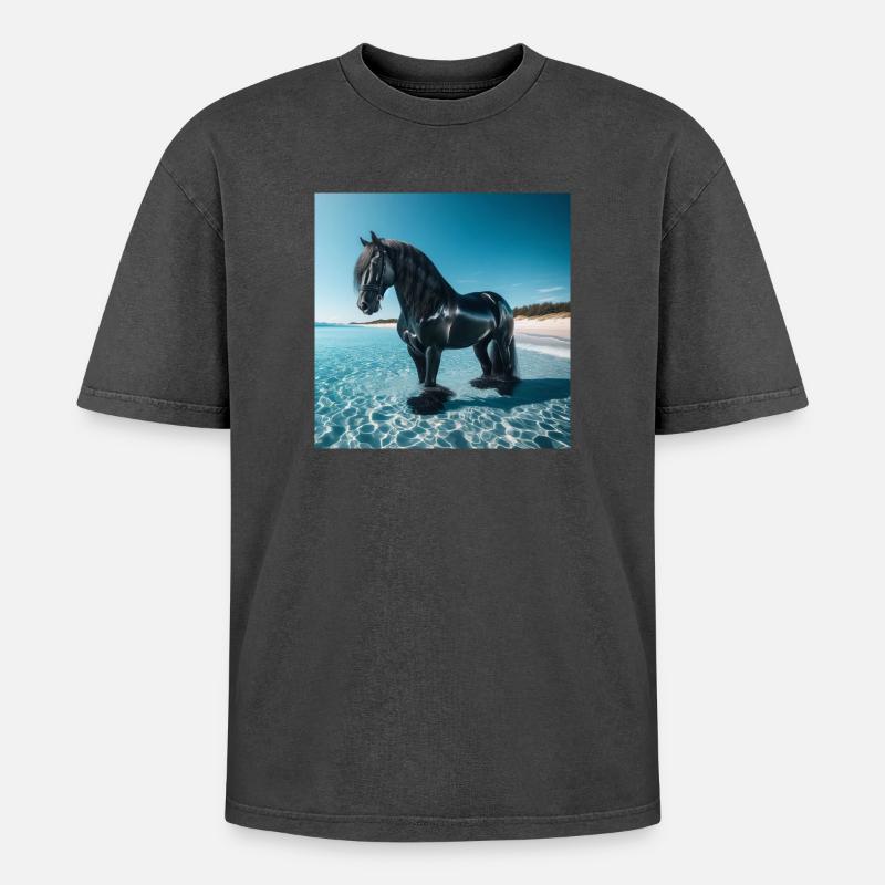 Pferd im Wasser - Oversized Unisex Premium Acid-Washed T-Shirt - Schwarz Acid Wash